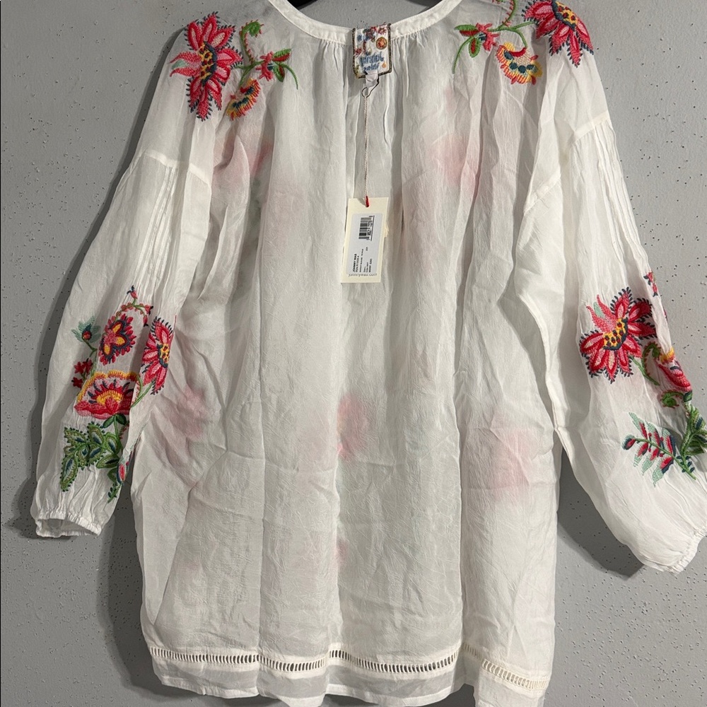 Johnny Was White Embroidered Floral Tunic with Pink and Green Accents - Picture 6 of 13